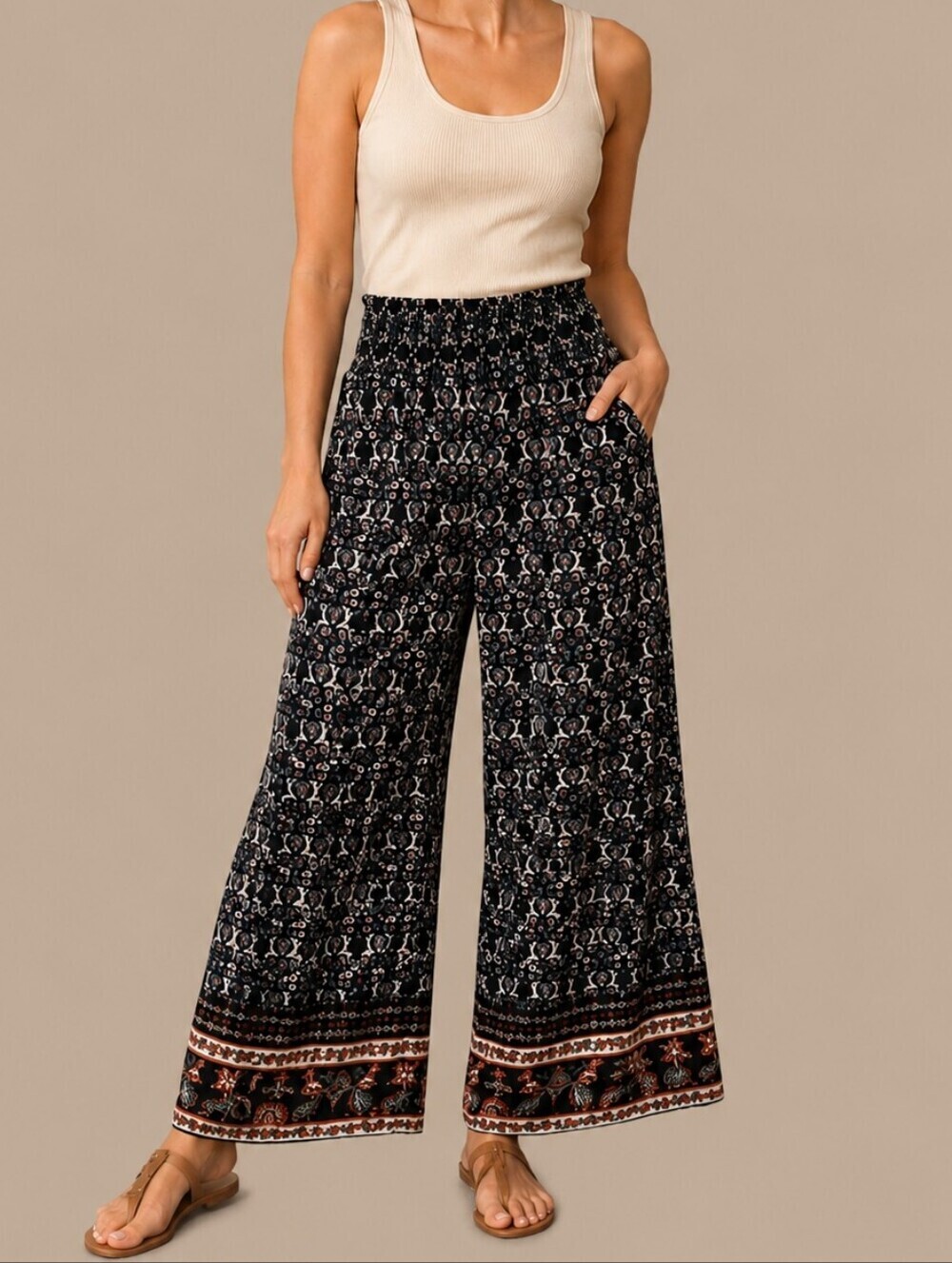 A'GACI Wide Leg Smock Waist Ethnic Floral Paisley Boho Pants Medium
